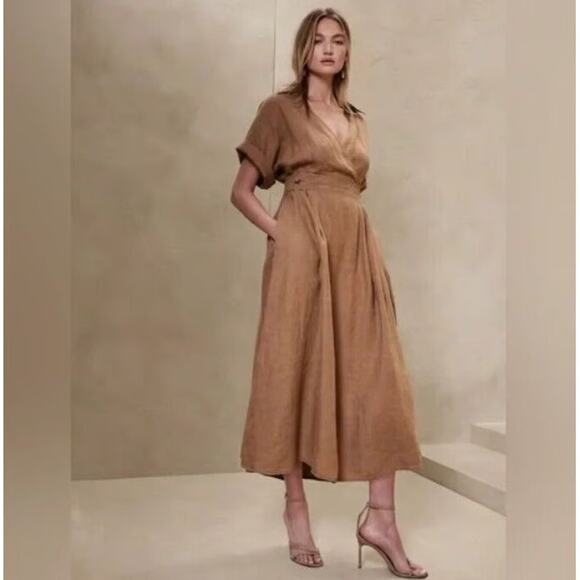 Banana Republic Sedona Linen Dress Midi Faux Wrap Collared Pockets Women’s XL - Picture 1 of 12